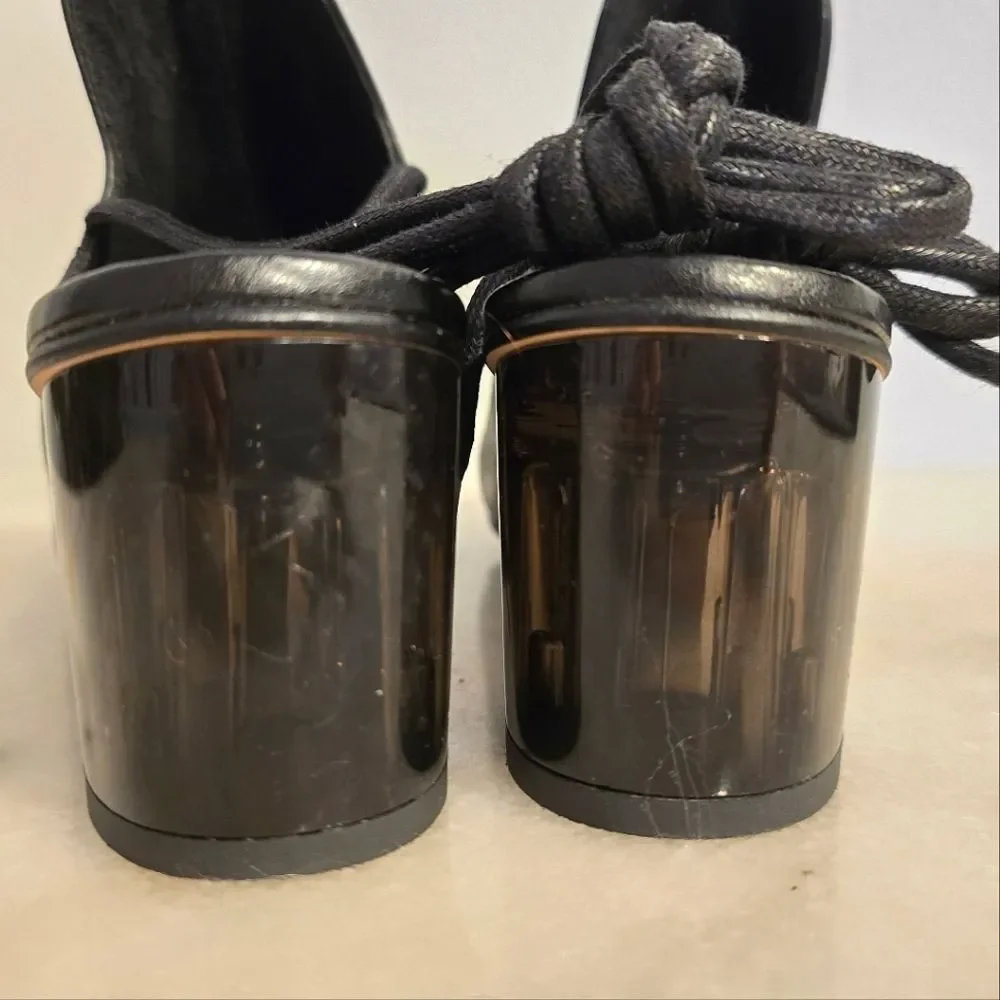 Free People Ankle Wrap Heeled Mules In Black Leather 6.5
